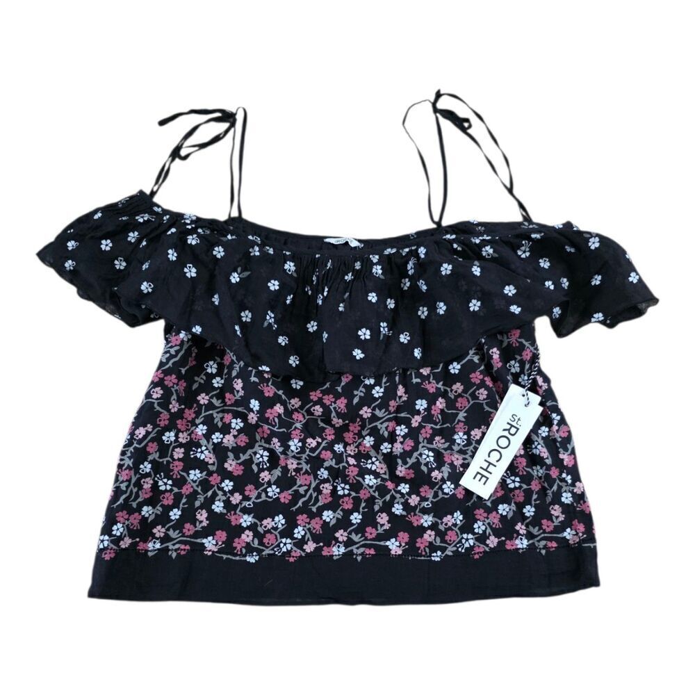 St. Roche Black Floral Off Shoulder Silk Blend Blouse S NWT